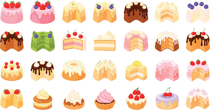 Dessert cake slice icon set featuring layered pastries, cream frosting, chocolate drips, fruit toppings, and sweet bakery treats in flat vector style