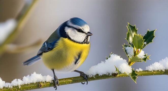 Blue Tit on Snowy Holly Branch