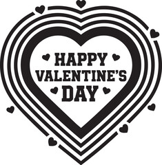 Geometric Concentric Heart Valentine's Day Badge Modern Black and White Emblem Featuring Bold Block Typography Enclosed in Multiple Radiant Heart Frames