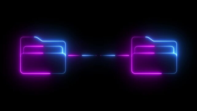 glowing neon Cloud Based Data Exchange and File Management Tools icon on black background. Motion graphics of Advanced Digital File. futuristic cyber file exchange process and technology data sharing.