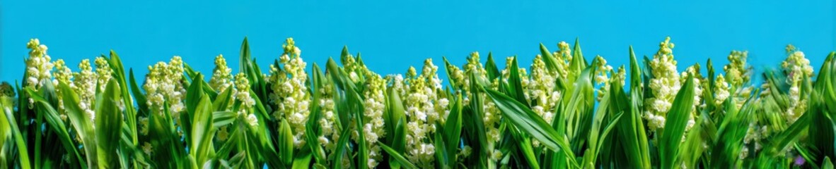 Obraz premium White flowering plants grow in dense row against bright blue background for digital compositing and spring nature themes with copy space and panoramic banner layout