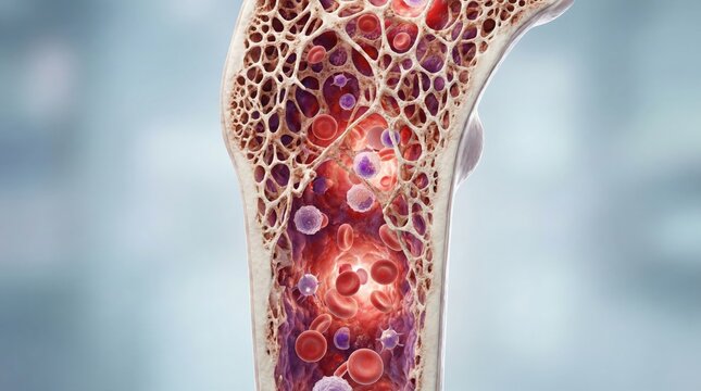 Detailed cross-section illustration of human bone marrow showing various blood cells and the intricate spongy bone structure.