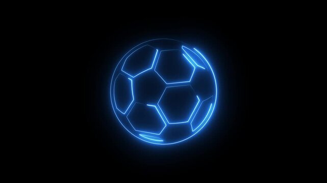 A glowing blue neon outline of a soccer ball with hexagonal and pentagonal panels against a solid black background, representing a digital or futuristic sports concept