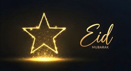 Obraz premium Golden star and elegant calligraphy of eid mubarak greeting on a dark background for festive celebrations and religious occasions