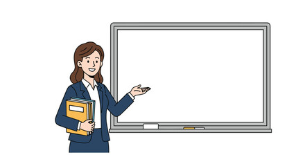 Professional female teacher or presenter holding books while pointing at a large blank whiteboard in a classroom or office.