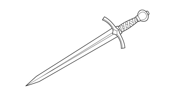 Simple and elegant line art illustration of a medieval longsword with a detailed hilt isolated on a white background.
