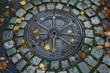 Obraz premium Intricate manhole cover design embedded in a cobblestone street, adorned with fallen autumn leaves