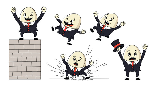 Humpty dumpty character in a business suit is shown in several poses including sitting on a wall, falling, and greeting.