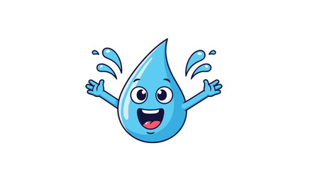Joyful water drop character with big eyes and a wide smile has its arms raised as splashes of water fly around its head.