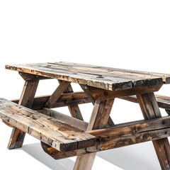 Fototapeta premium Weathered wooden picnic table isolated on white background