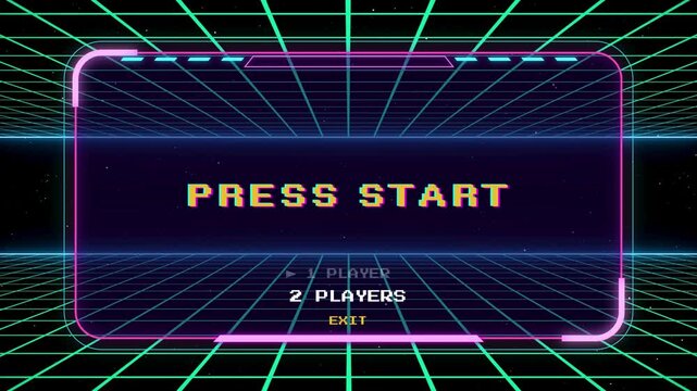 Start a new game by selecting a player or exiting the game's main menu With Retro style 80s video game background.