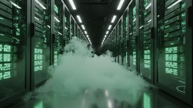 Futuristic data center with servers and fog, representing cloud computing and technology advancement in a high-tech facility