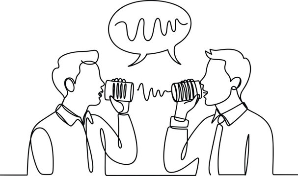 Two men communicating with tin cans and string illustration