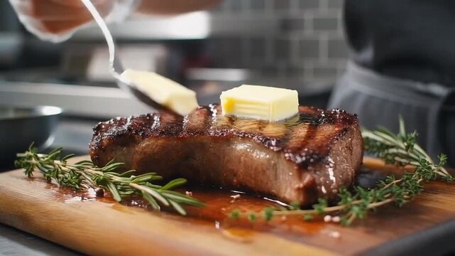 Gloved hand drizzling melted butter on grilled steak with rosemary on wooden board in kitchen