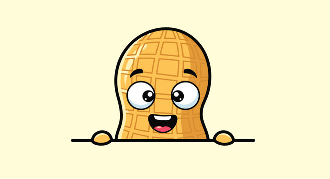 Cute peanut character with large expressive eyes and a happy smile peeks over the edge of a horizontal line against a soft yellow background.
