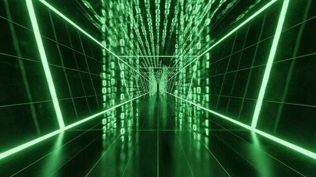 Futuristic green neon-lit tunnel or corridor with grid pattern and glowing lines, possibly for tech or gaming background
