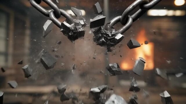 Heavy metal chain breaking, shattering, and exploding in an industrial background with fire