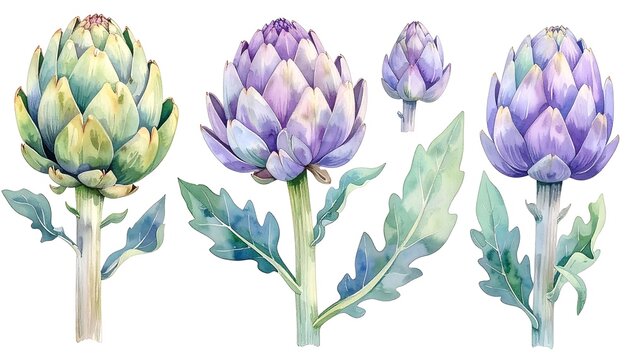 Watercolor Illustration of Three Artichokes with Leaves.