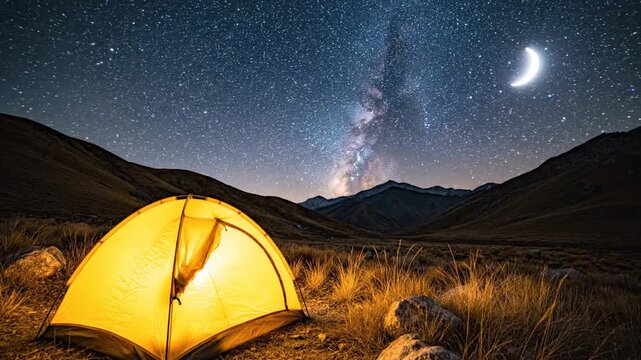 Glowing tent in a mountainous valley under a starry night sky with the Milky Way and a crescent moon