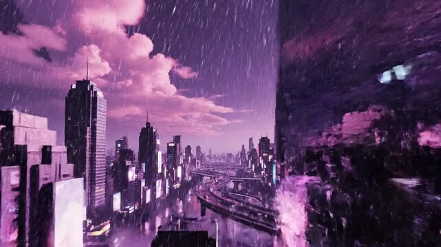 Futuristic cyberpunk city in purple rain at night