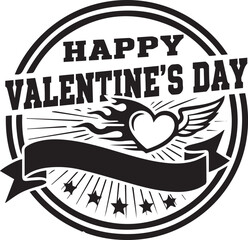 Retro Valentine's Day Badge Dynamic Black and White Circular Emblem Featuring a Winged Flaming Heart, Blank Banner, and Radiant Starburst
