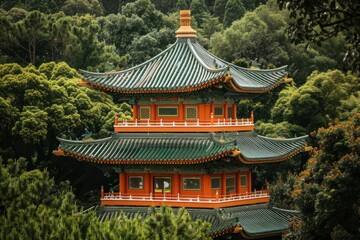 Majestic chinese pagoda with vibrant orange walls and intricate green tiled roof stands amidst a dense, verdant forest, showcasing traditional architecture