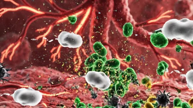 Microscopic view of immune cells attacking bacteria in bloodstream, with viruses in background, possibly used for medical or educational purposes