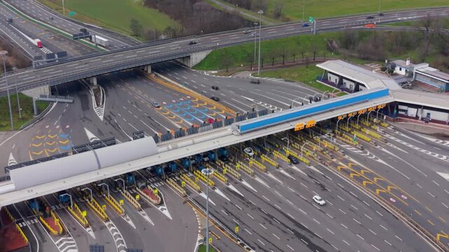 Aerial view of highway toll booth traffic