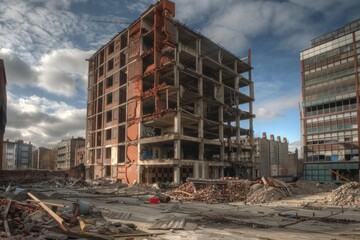 Building demolition site featuring a partially destroyed structure, piles of rubble, and a cloudy sky, depicting urban decay and renewal