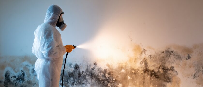 Professional mold remediation technician spraying disinfectant on fungal wall, wearing protective costume for home indoor sanitation service with copy space