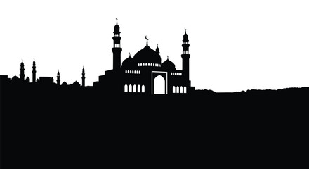 Mosque Silhouette with Minarets and Domes against White Sky © mst
