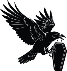 Naklejka premium Flying Raven Coffin Carrying Illustration, Dark Gothic Bird Symbol, Black Silhouette Vector Art.