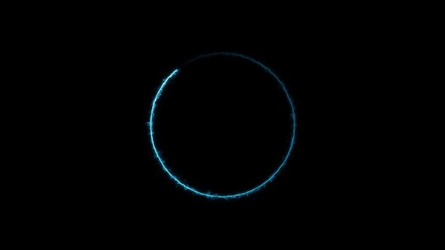 A single, unbroken blue neon ring or circle outline with a subtle glow effect on a completely black background representing unity and infinity Keywords: circle, ring, loop, round, shape, symbol