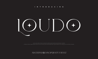 LOUDO typography design: The artistic beauty of typography. A modern typeface design with elegant letters and design elements, set against a dark background. © Basic Byte