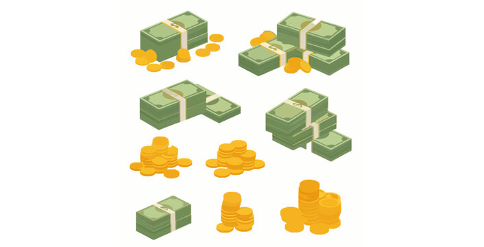Cartoon cash piles with coins vector illustration set for finance and banking