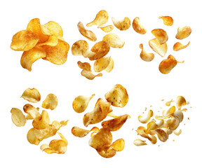 Fototapeta premium Crispy Potato Chips Scattered on White Background