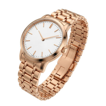 ultra-photorealistic macro studio shot of a luxurious rose gold classic men's wristwatch with a sunburst white dial, isolated against a transparent background. Concept of luxurious precision