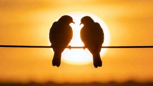 two birds forming heart shape and separate at golden sunset silhouette video
