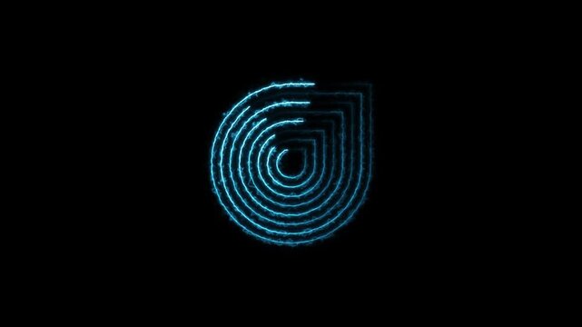 A blue neon concentric circular ripple or droplet shape with glowing lines on a black background representing data flow or abstract patterns Keywords: abstract, pattern, ripple, concentric, circle