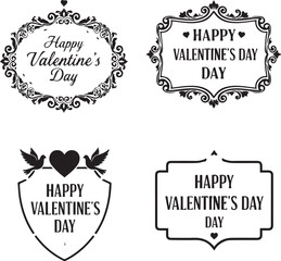 Valentine's Day Elegant Label Collection Four Decorative Black and White Frames and Shields Featuring Romantic Greetings, Floral Flourishes, and Love Birds