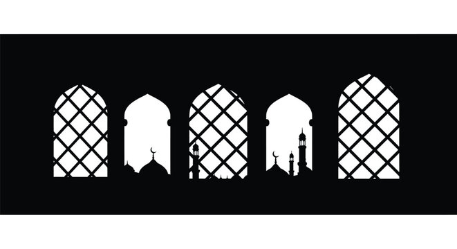 Prison bars with city skyline silhouettes in window grilles, freedom concept