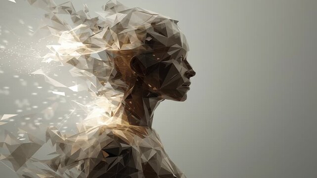 Abstract visualization of a human silhouette composed of layered light and geometry, refinement and self-optimization theme, neutral futuristic tones