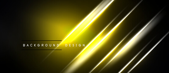 Naklejka premium Dark background features bright yellow diagonal lines. Modern design with text background design centered below glowing streaks. Minimalist aesthetic.