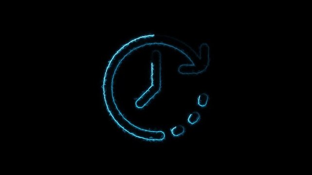 A blue neon outline of a clock with a circular arrow indicating a refresh or repeat action on a black background symbolizing time and cycles Keywords: clock, time, watch, symbol, circular, arrow