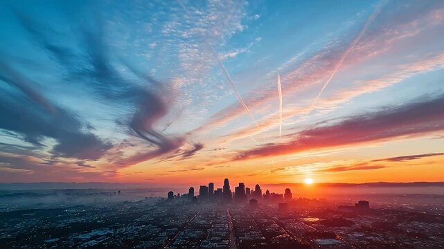 City skyline silhouette at sunset with pink purple gradient sky