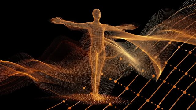 A man is standing in front of a wave of orange and black. Abstract visualization of sensory enhancement using waves and light patterns around a human figure, minimalist and editorial tone