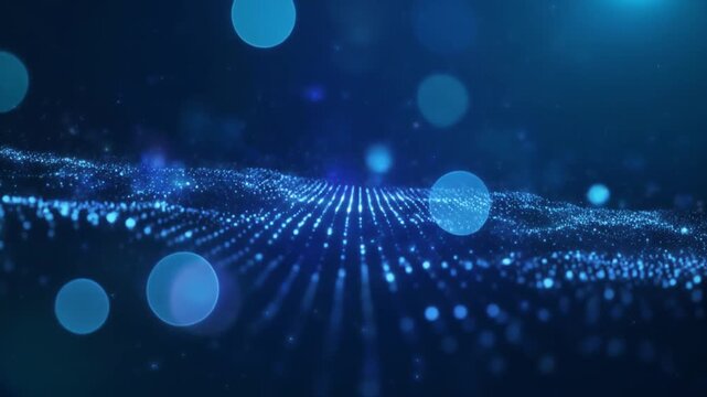 Abstract blue digital wave of glowing particles and bokeh lights in a dark futuristic background