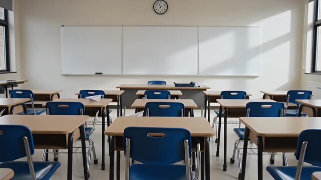 Empty classroom with desks and chairs, whiteboard on the wall, clock on the wall, natural light.