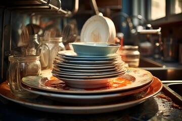 Fototapeta premium Dirty dishes with food scraps are stacked high next to the kitchen sink, creating a mess