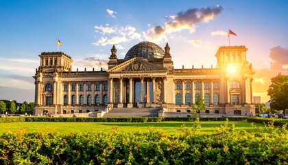 Obraz premium A stunning architectural view of a government building under a bright sunset. Features a large glass dome, columns, and flags. Lush grass and clear skies